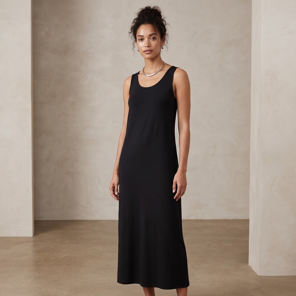 EILEEN FISHER Black Tank Midi Dress Medium 90s Minimalist Layering $228